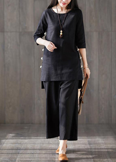 Elegant wide leg pants two pieces cotton clothes Women Boho Catwalk black o neck Chinese Button tops - SooLinen