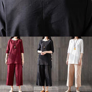 Elegant wide leg pants two pieces cotton clothes Women Boho Catwalk black o neck Chinese Button tops - SooLinen