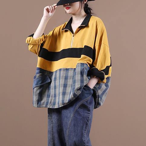Elegant yellow clothes For Women lapel zippered Midi blouse - SooLinen