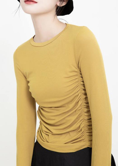 Elegant yellow cotton clothes Cinched wild o neck pullover - SooLinen