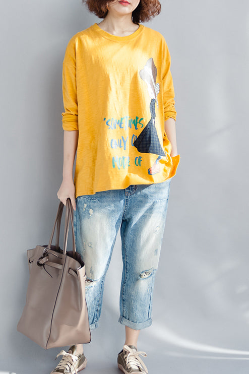 Elegant yellow cotton linen tops women plus size Wardrobes o neck long sleeve loose spring top