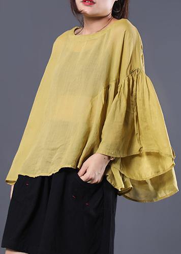 Elegant yellow linen Tunic Cotton o neck summer ruffles shirt - SooLinen