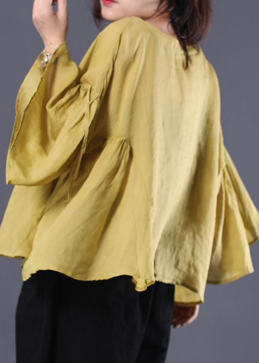 Elegant yellow linen Tunic Cotton o neck summer ruffles shirt - SooLinen