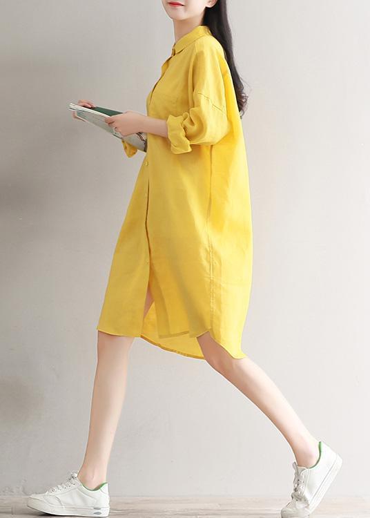 Elegante gelbe Leinenkleidung für Damen, feines Design, Revers, Frühlingshemdkleider