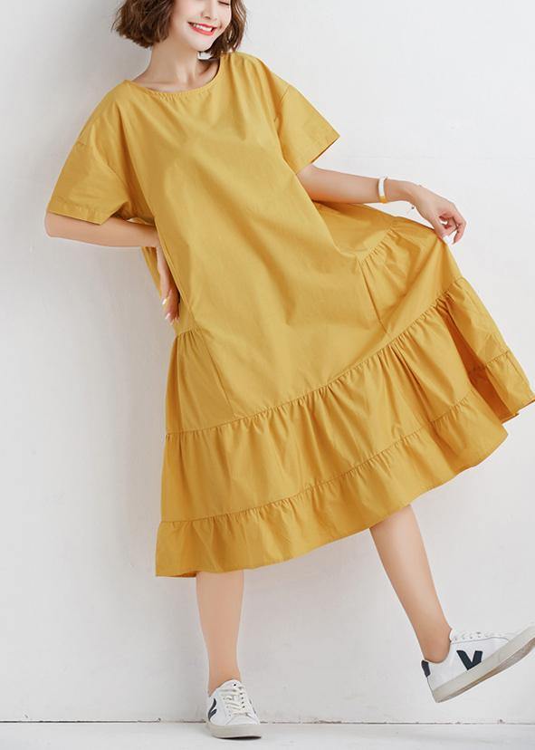 Elegant yellow o neck cotton Tunics ruffles Robe summer Dresses - SooLinen