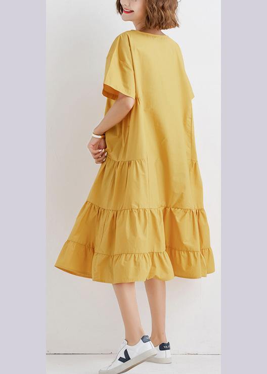 Elegant yellow o neck cotton Tunics ruffles Robe summer Dresses - SooLinen