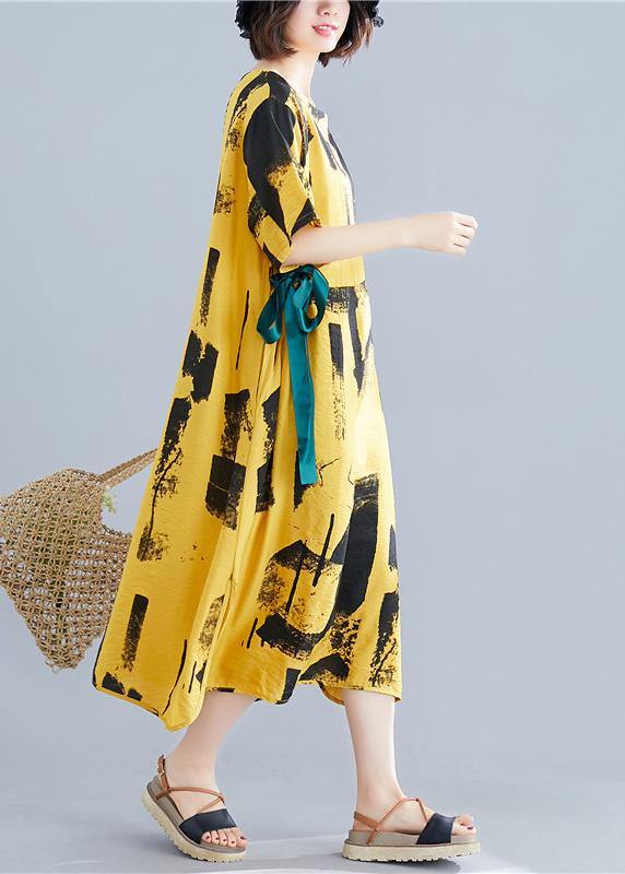 Elegant yellow print cotton Tunic o neck tie waist A Line summer Dresses - SooLinen