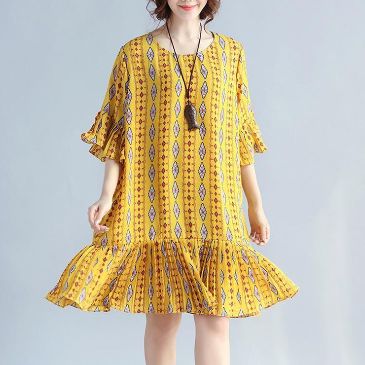 Elegante gelbe Drucke Chiffon Etuikleider übergroße Chiffon Kleidung Kleider Frauen Rüschen Saum Rüschen Ärmel Kleid