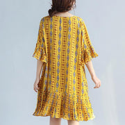 Elegant yellow prints chiffon shift dresses oversized chiffon clothing dresses women ruffles hem ruffles sleeve dress
