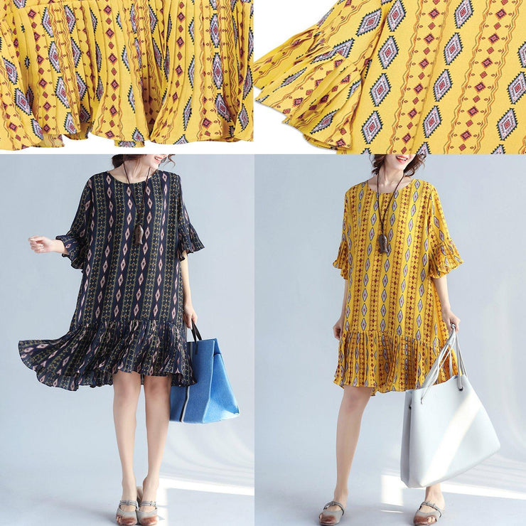 Elegante gelbe Drucke Chiffon Etuikleider übergroße Chiffon Kleidung Kleider Frauen Rüschen Saum Rüschen Ärmel Kleid