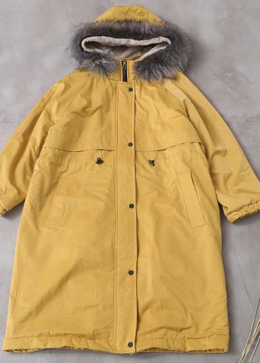 Elegant yellow winter coats casual Jackets & Coats hooded true fur collar overcoat - SooLinen