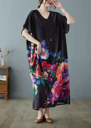 Elegant Black Print asymmetrical design Patchwork Silk Ankle Dress Summer