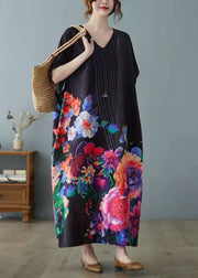 Elegant Black Print asymmetrical design Patchwork Silk Ankle Dress Summer