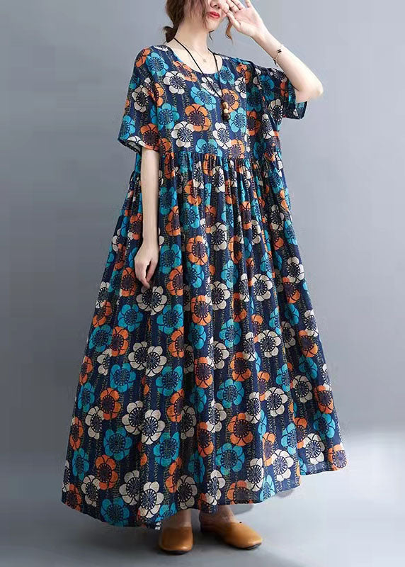 Elegant Blue O-Neck Print Summer Party Dress Half Sleeve