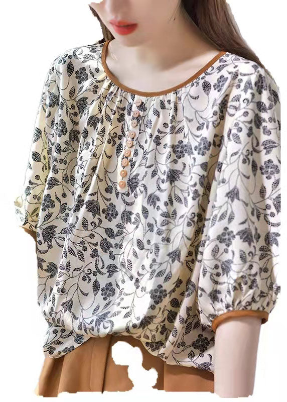 Elegant Khaki Chiffon O-Neck Casual Print Fall Half Sleeve Top