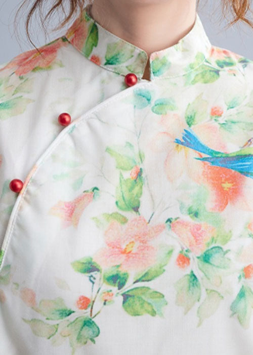 Elegant O Neck Half Sleeve Top Sewing Green Bird Print Shirt