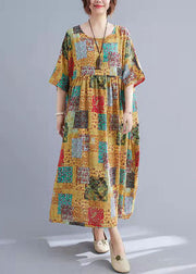 Elegant O Neck Short Sleeve Cotton Long Dresses Patchwork Color Plus Size Clothing Summer Dress
