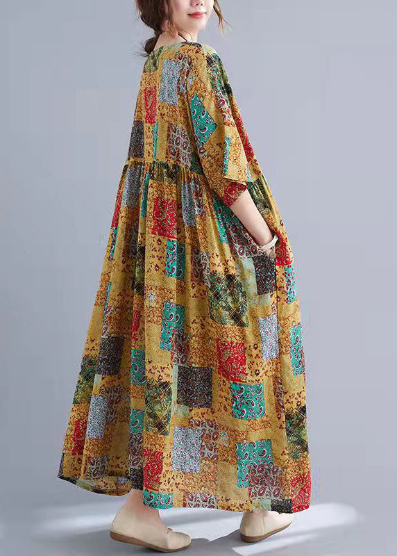 Elegantes O-Ausschnitt Kurzarm Baumwolle lange Kleider Patchwork Farbe Plus Size Kleidung Sommerkleid