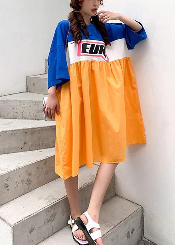 Elegant Blue White Patchwork Orange Summer Cotton Loose Dresses Half Sleeve - SooLinen
