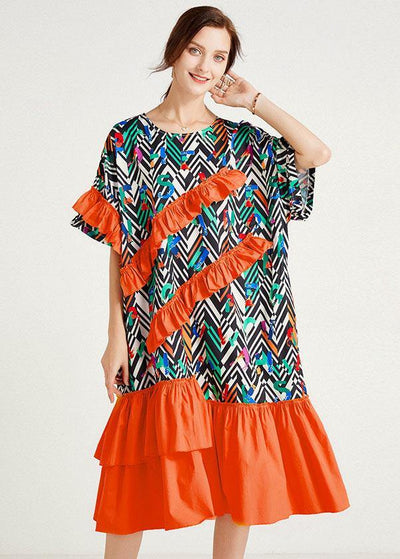 Elegant Orange Print Loose Ruffles Summer Long Dresses - SooLinen