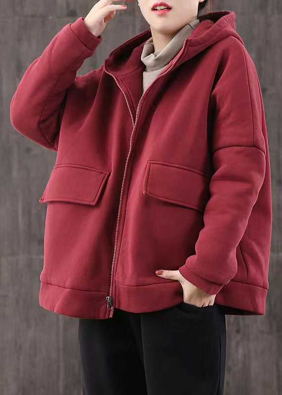 Elegant casual winter jacket patchwork coats red short hooded overcoat