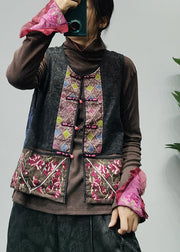 Ethnic Style Black O-Neck Embroidered Patchwork Vest Spring