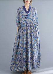 Ethnic Style Blue Wrinkled V Neck Exra Large Hem Cotton Long Dresses Long Sleeve