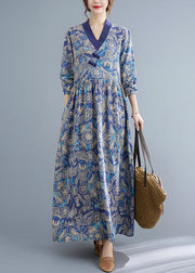 Ethnic Style Blue Wrinkled V Neck Exra Large Hem Cotton Long Dresses Long Sleeve