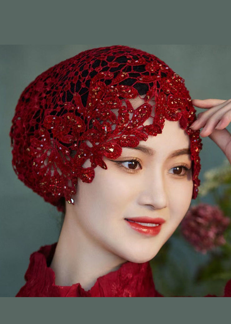 Ethnic Style Brick Red Embroidered Lace Bonnie Hat