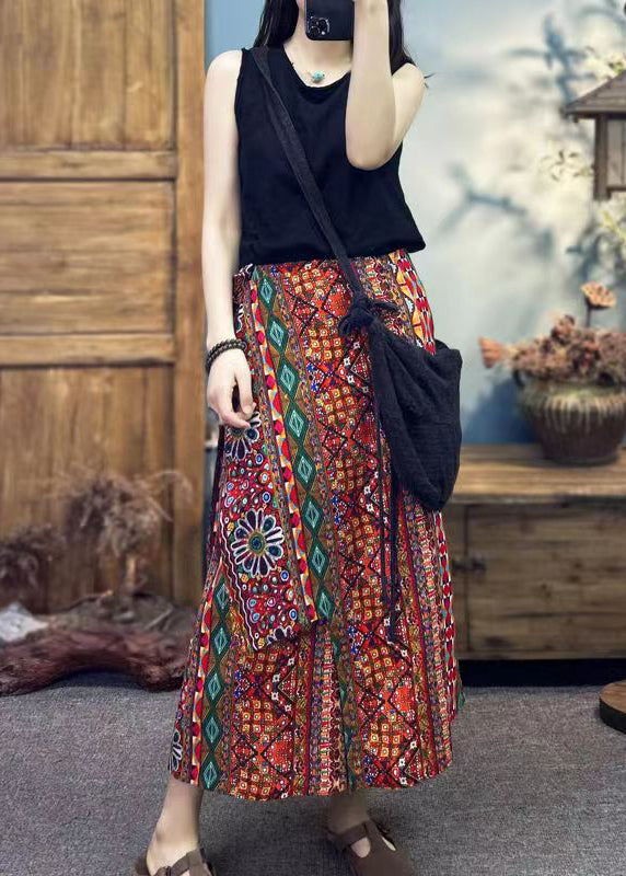 Ethnic Style Print Asymmetrical Cotton One Piece Lace Up Skirt Summer