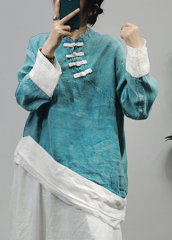 Ethnic Style Red Stand Collar Asymmetrical Patchwork Linen Shirt Top Long Sleeve