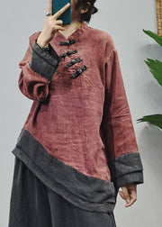 Ethnic Style Red Stand Collar Asymmetrical Patchwork Linen Shirt Top Long Sleeve