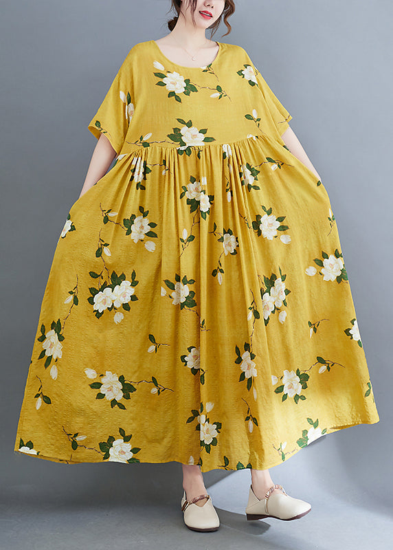 Ethnic Style Yellow O-Neck Cinched Print Long Dresses Short Sleeve