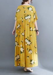 Ethnic Style Yellow O-Neck Cinched Print Long Dresses Short Sleeve