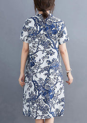 Ethnic blue printed buckle loose dress - SooLinen