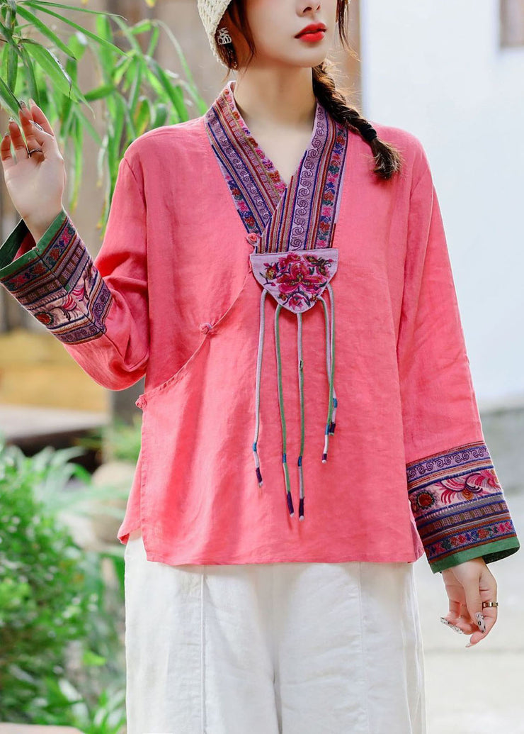 Ethnic style Red V Neck Embroidered Patchwork Linen Shirt Tops Spring