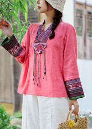 Ethno-Stil, roter V-Ausschnitt, besticktes Patchwork-Leinenhemd, Frühling