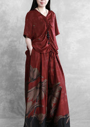 Ethnic style female V-neck red large size was thin shirt + skirt pants - SooLinen