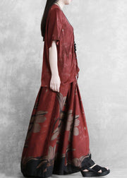 Ethnic style female V-neck red large size was thin shirt + skirt pants - SooLinen