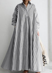 European And American Style Black Peter Pan Collar Striped Cotton Shirts Dress Spring