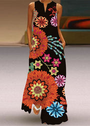 European And American Style Black V Neck Print Chiffon Dresses Sleeveless