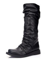 European And American Style Boots Black Wrinkled Cowhide Leather