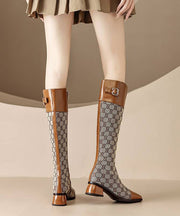 European And American Style Brown Splicing Zippered Chunky Long Boots
