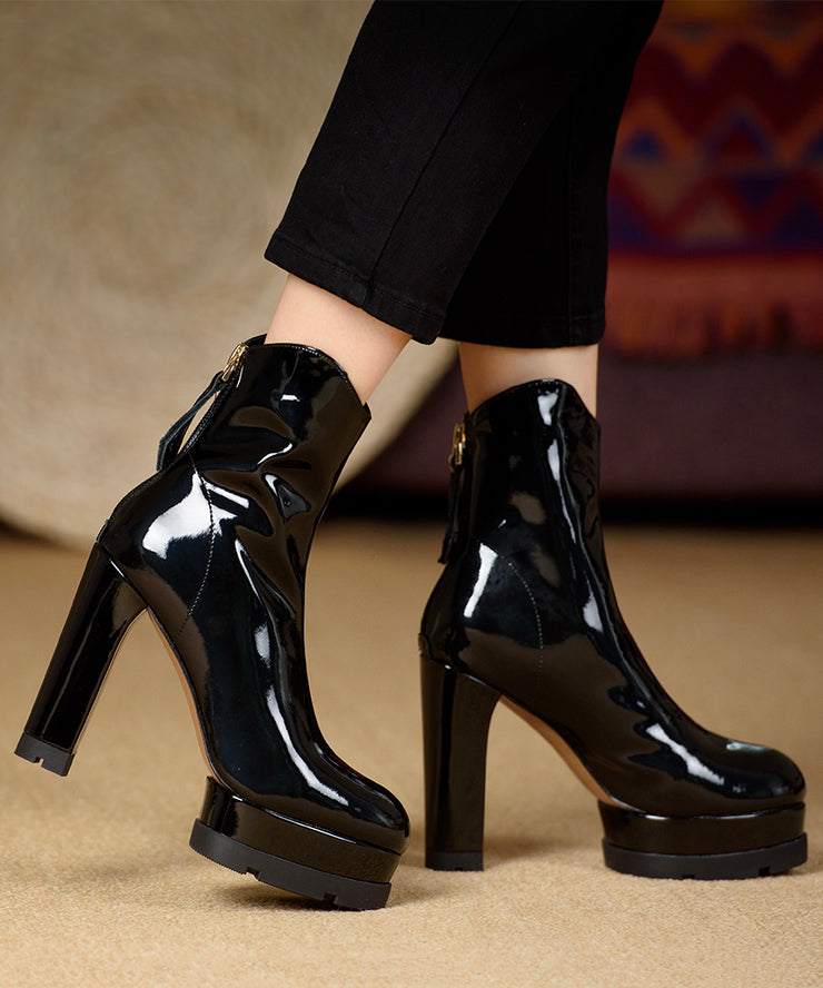 European And American Style High Heel Ankle Boots Black Cowhide Lacquer Leather