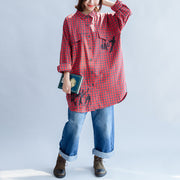 Fall 2021 grid alphabet prints red cotton shirts plus size casual long sleeve tops