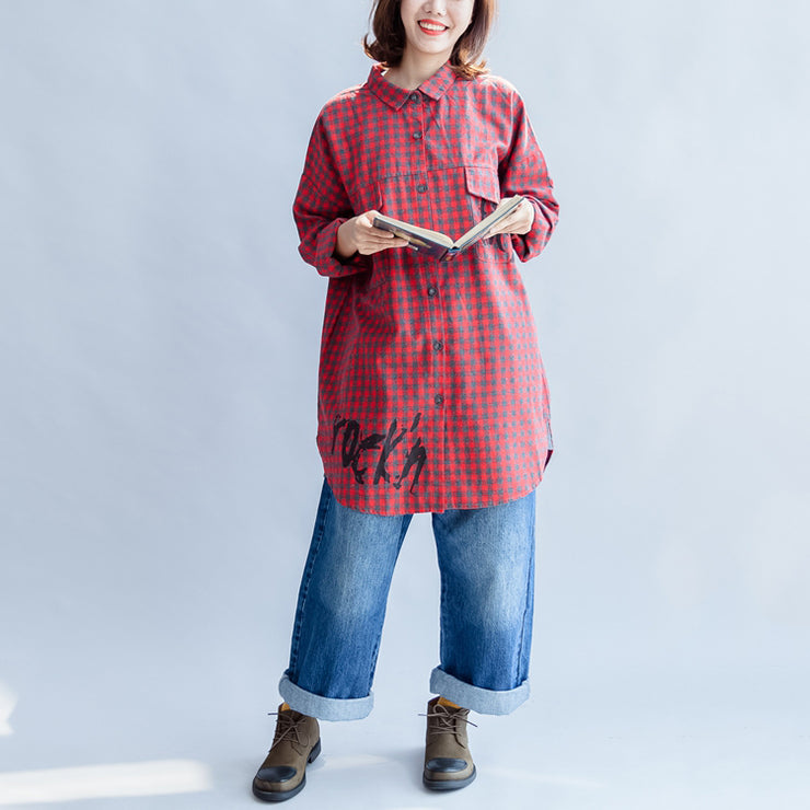Fall 2021 grid alphabet prints red cotton shirts plus size casual long sleeve tops