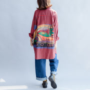 Fall 2024 grid alphabet prints red cotton shirts plus size casual long sleeve tops