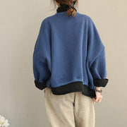 Fall Winter Vintage Casual Quilted Blue High Neck Fleece Women Cotton Tops