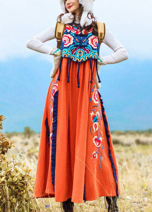 Famous family style Orange Embroidered O-Neck Embroidered Patchwork Long Dress Sleeveless