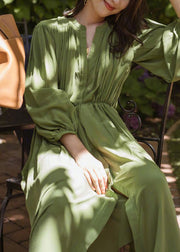 Fashio Green O-Neck Cinched Wrinkled Solid Chiffon Maxi Dress Spring